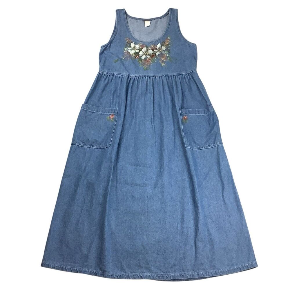 Vintage Denim Jean Jumper Dress Maxi Women's S Art To Wear Hand Painted Floral
